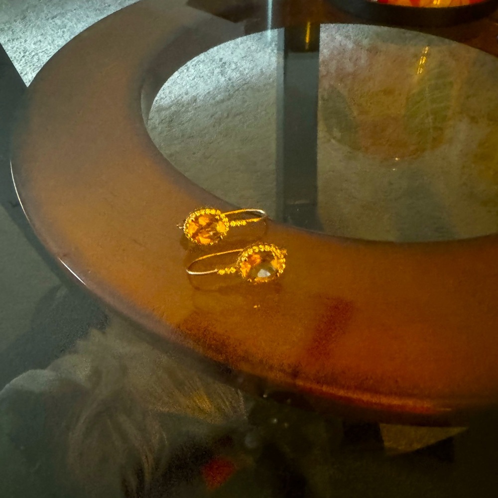 Moissanite Drop Earrings with peach stone surrounded by faux diamonds.